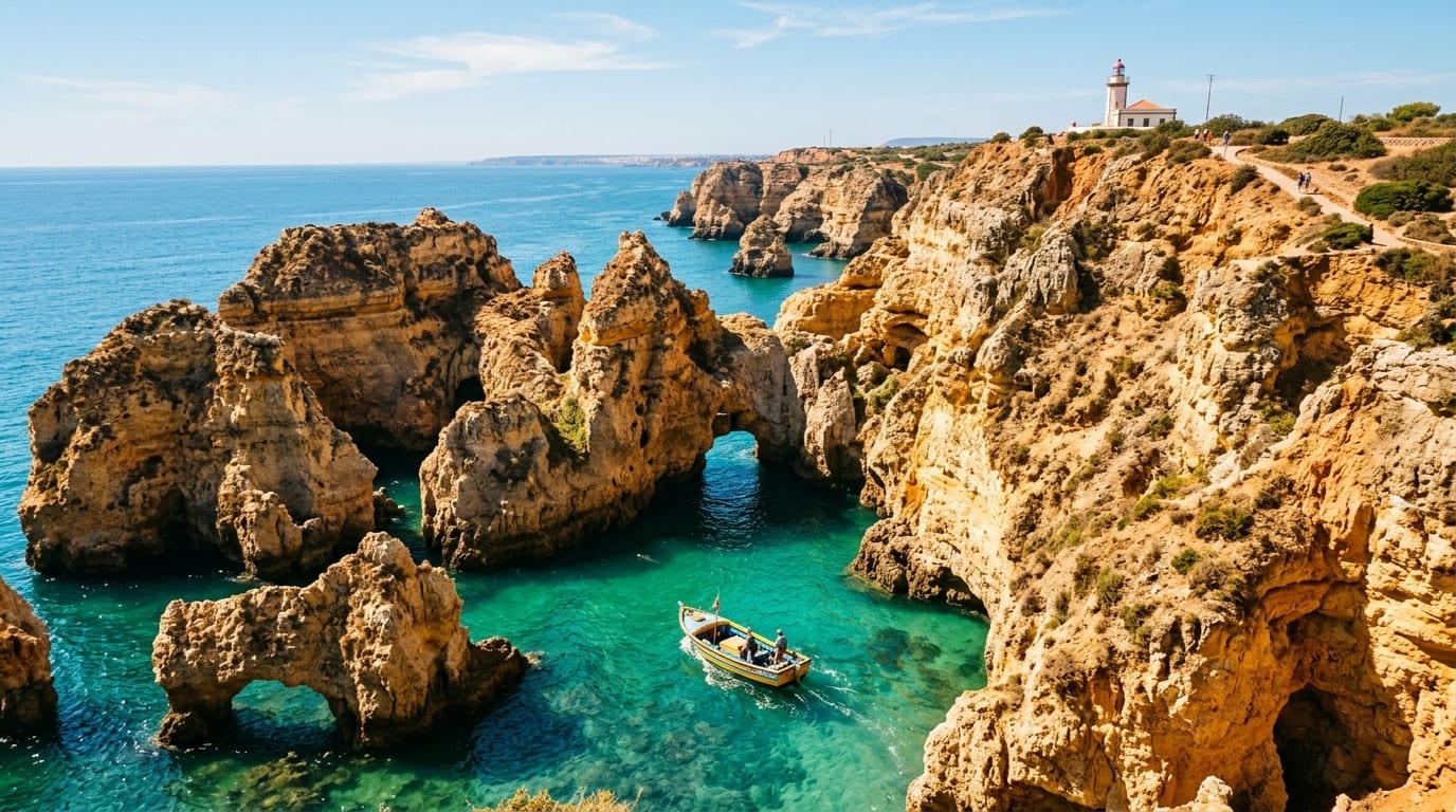 Falésias douradas e águas cristalinas da Ponta da Piedade em Lagos no Algarve