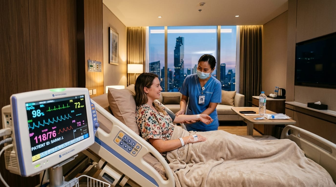Quarto de hospital moderno internacional em Bangkok com equipamentos de monitoramento