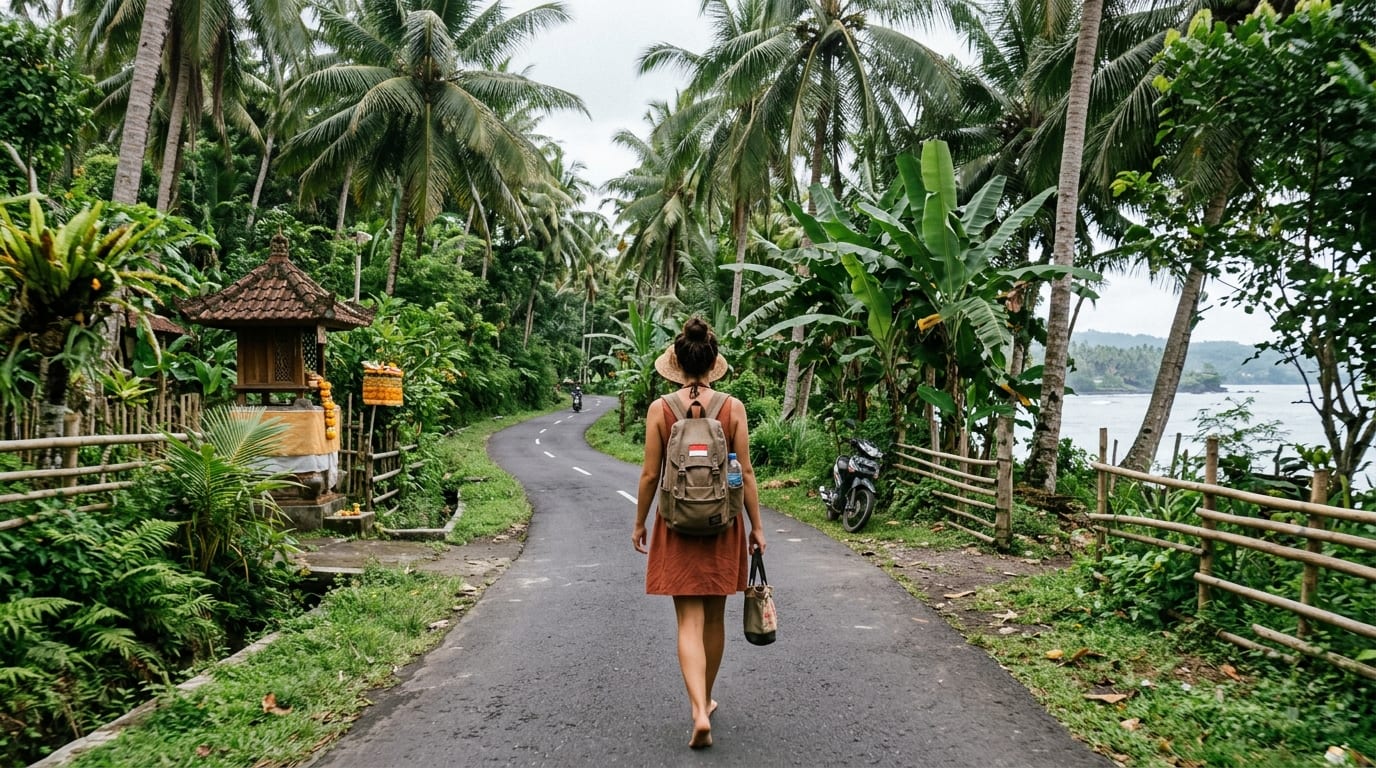 Estrada costeira ladeada por coqueiros e vegetação tropical em Bali na Indonésia