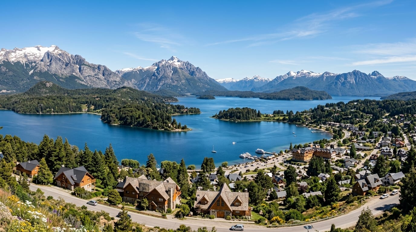 Vista panorâmica do Lago Nahuel Huapi e montanhas andinas com chalés de madeira em Bariloche