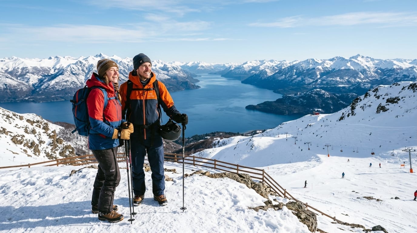 Família e esquiadores aproveitando as pistas de neve em Bariloche na Argentina com montanhas ao fundo