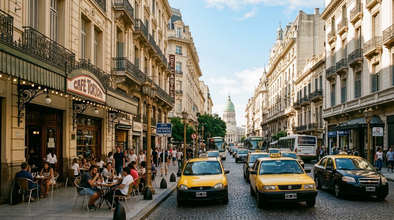 Arquitetura de inspiração parisiense na Avenida de Mayo em Buenos Aires com táxis clássicos