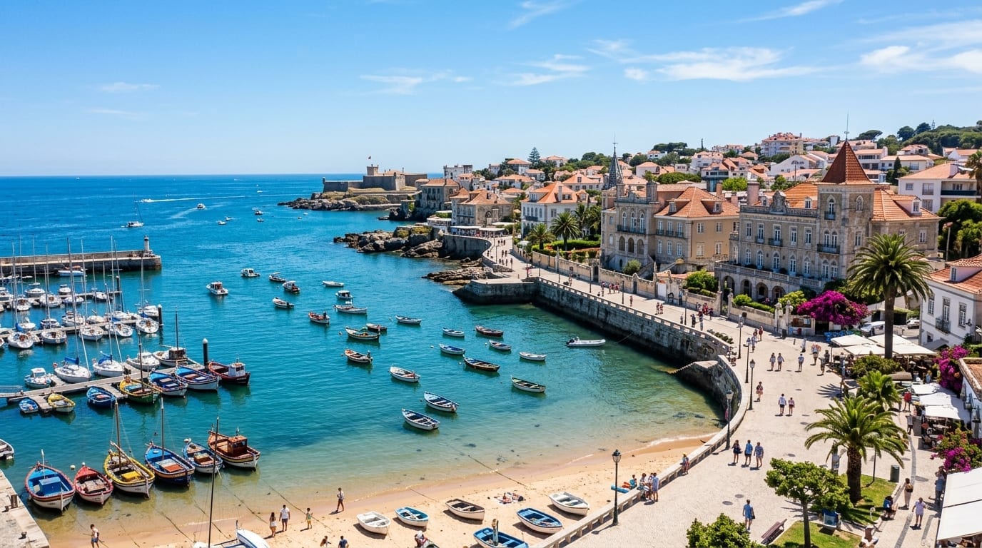 Baía de Cascais com casarões aristocráticos, marina e mar azul