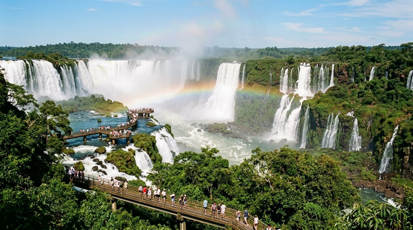 Passarelas do lado argentino das Cataratas do Iguaçu cercadas pela densa floresta subtropical