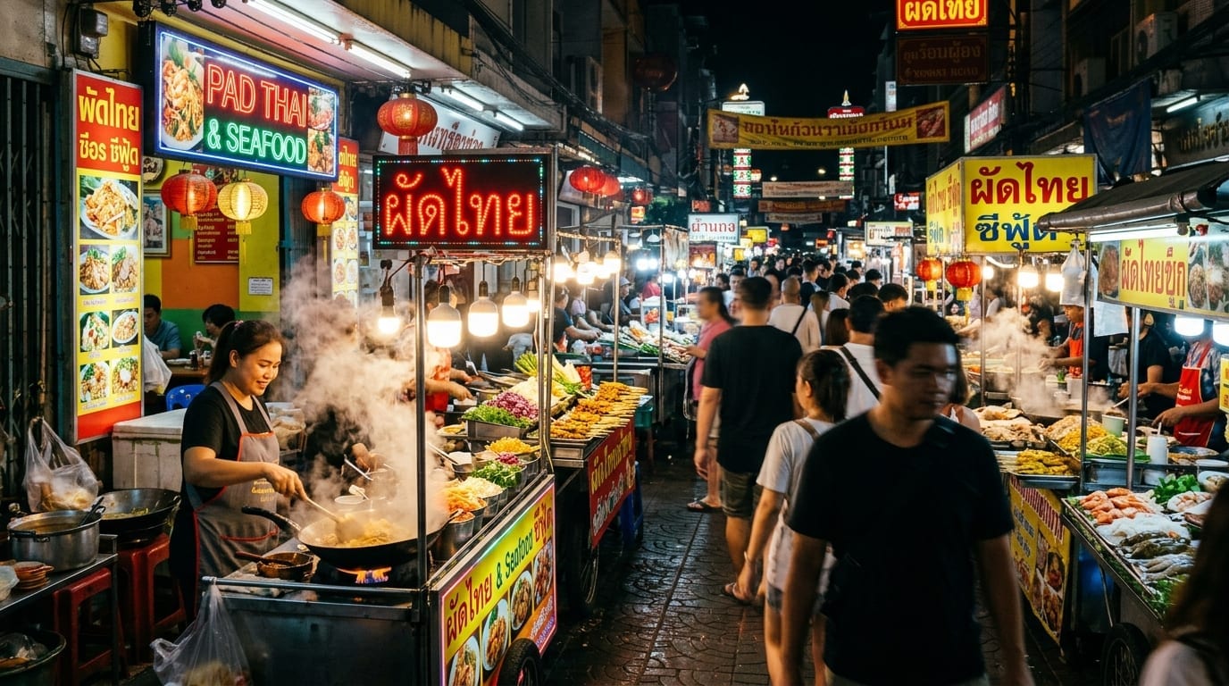 Mercado de comida de rua em Bangkok iluminado à noite com barracas e vapor