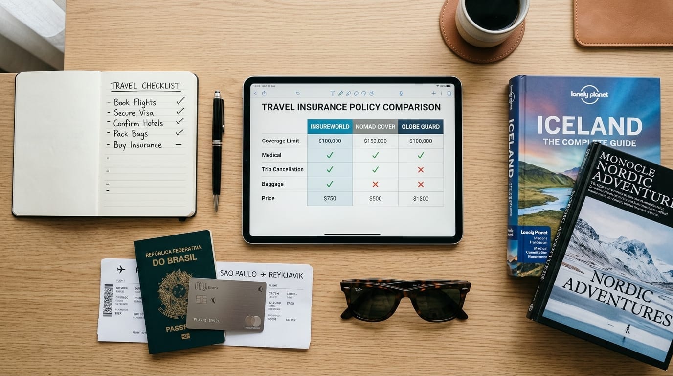 Visão de planejamento com tablet exibindo tabela comparativa de coberturas de seguro viagem, passaporte e bloco de notas