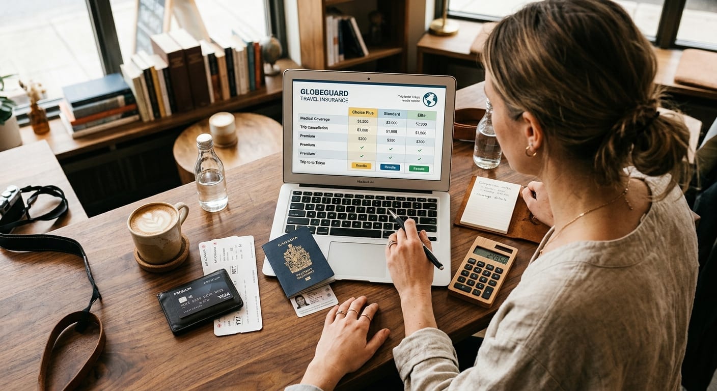 Viajante planejando custos de viagem no notebook com passaporte na mesa