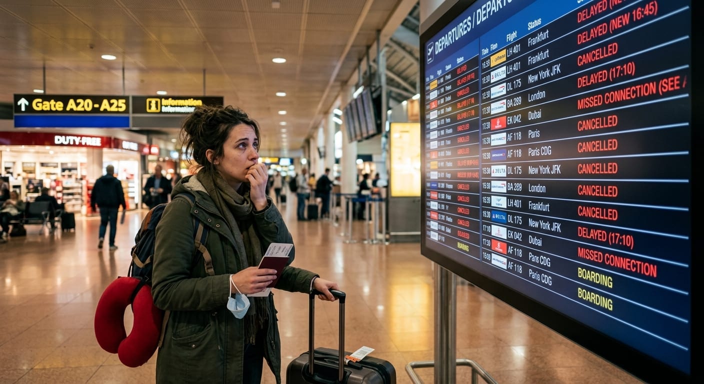 Viajante apreensivo no terminal do aeroporto consultando o painel de voos com partidas atrasadas