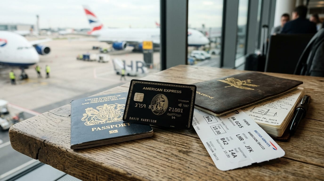 Cartão de crédito premium junto a passaporte e bilhete de embarque para viagem internacional