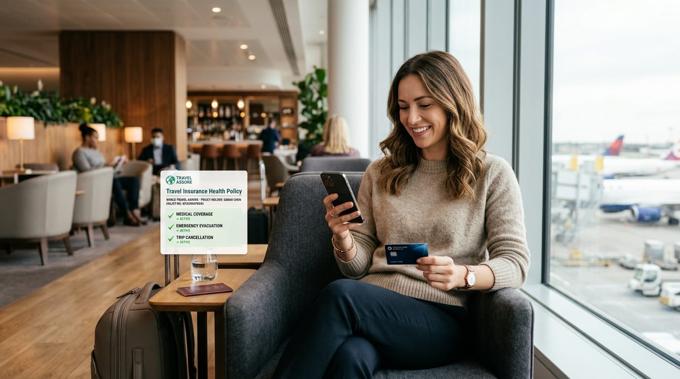 Viajante comparando apólice de seguro saúde em smartphone no aeroporto com cartão de crédito