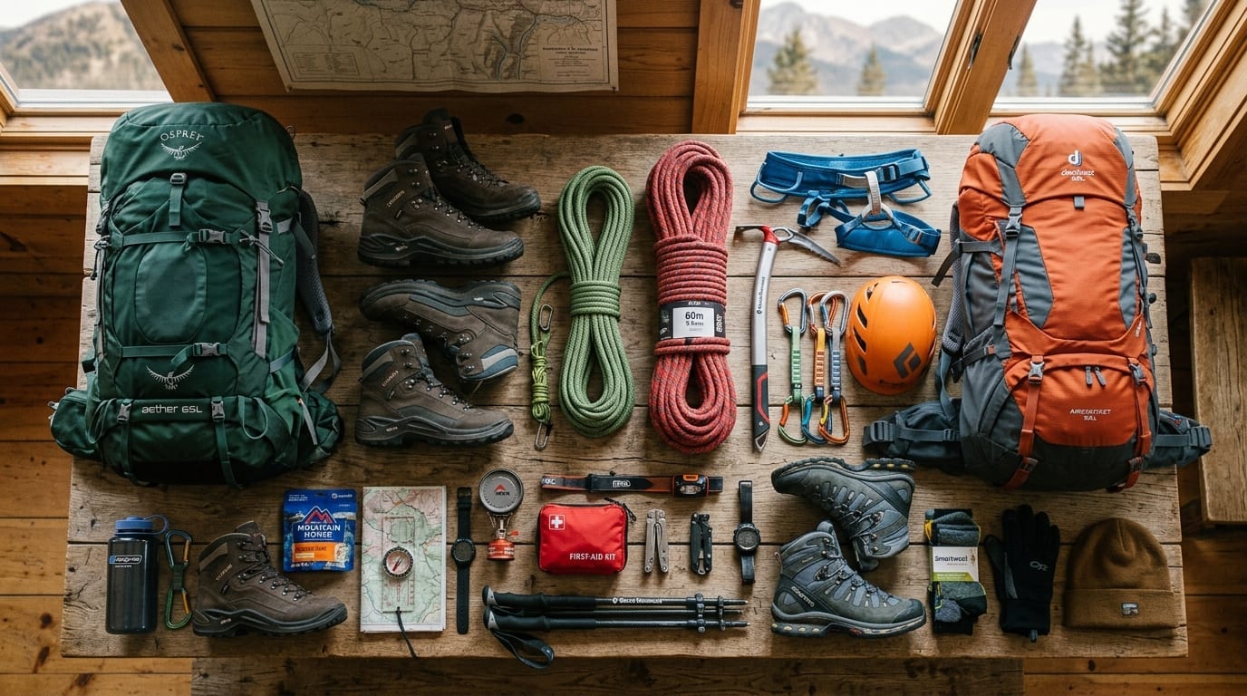 Coleção profissional de equipamentos de trekking com mosquetões, cordas, bota de montanha e mochilas táticas