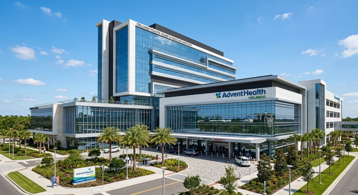 Fachada moderna de centro médico hospitalar nos Estados Unidos