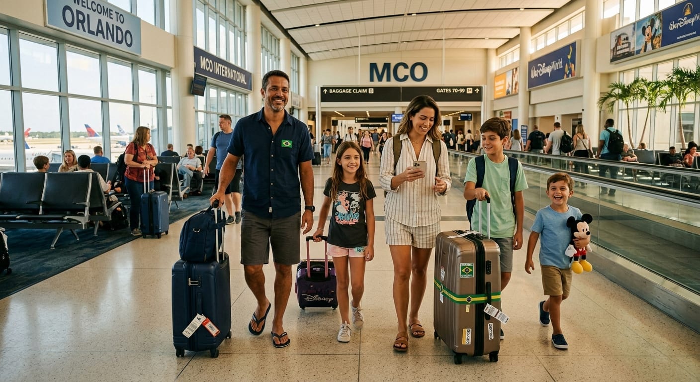 Família de viajantes brasileiros planejando viagem aos Estados Unidos em aeroporto