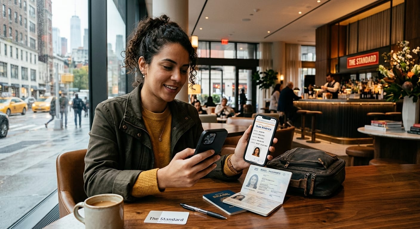 Viajante brasileiro consultando apólice digital e acionando seguro viagem pelo aplicativo em hotel em Nova York