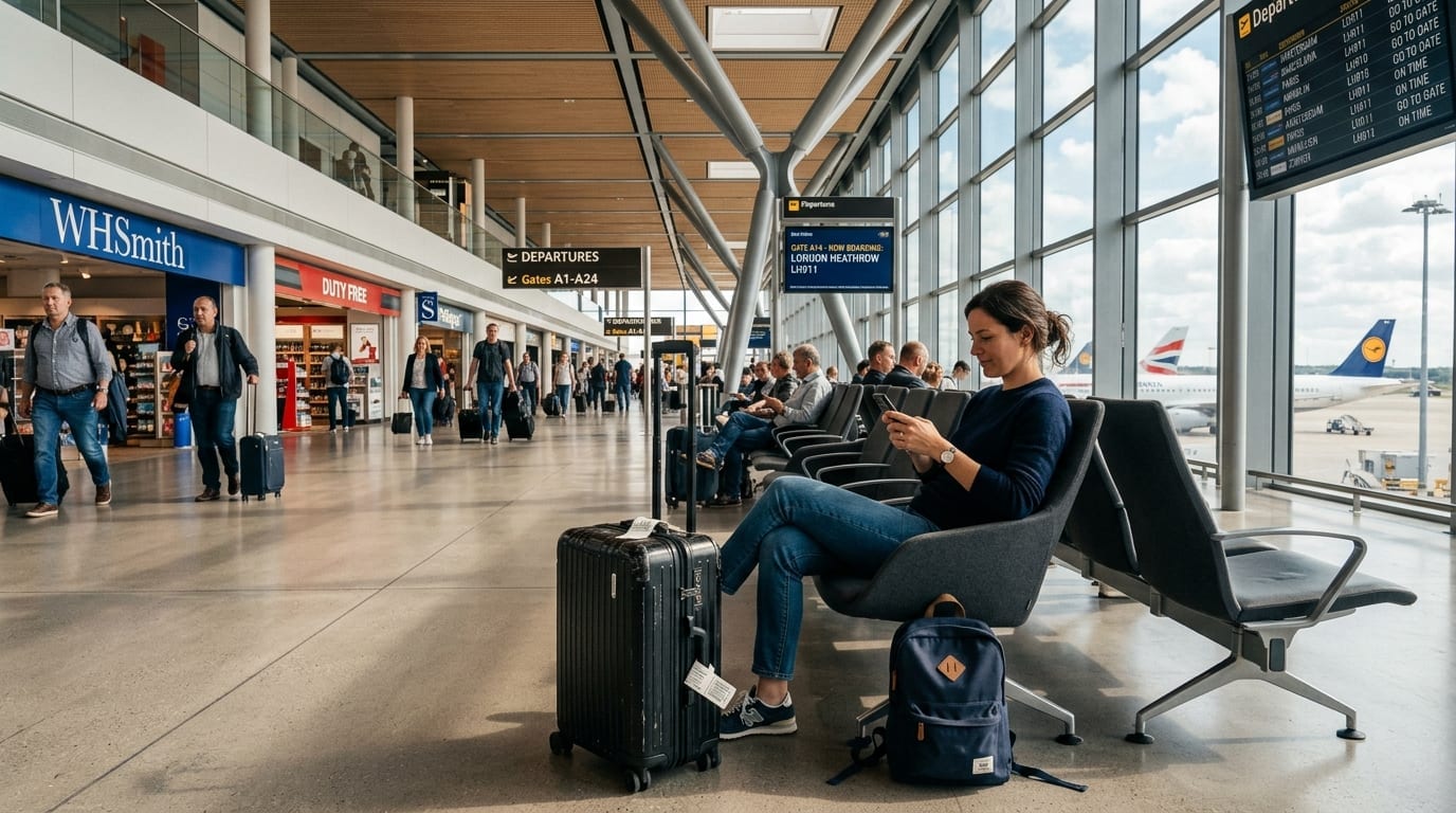 Passageiro em terminal de aeroporto europeu aguardando voo de conexao