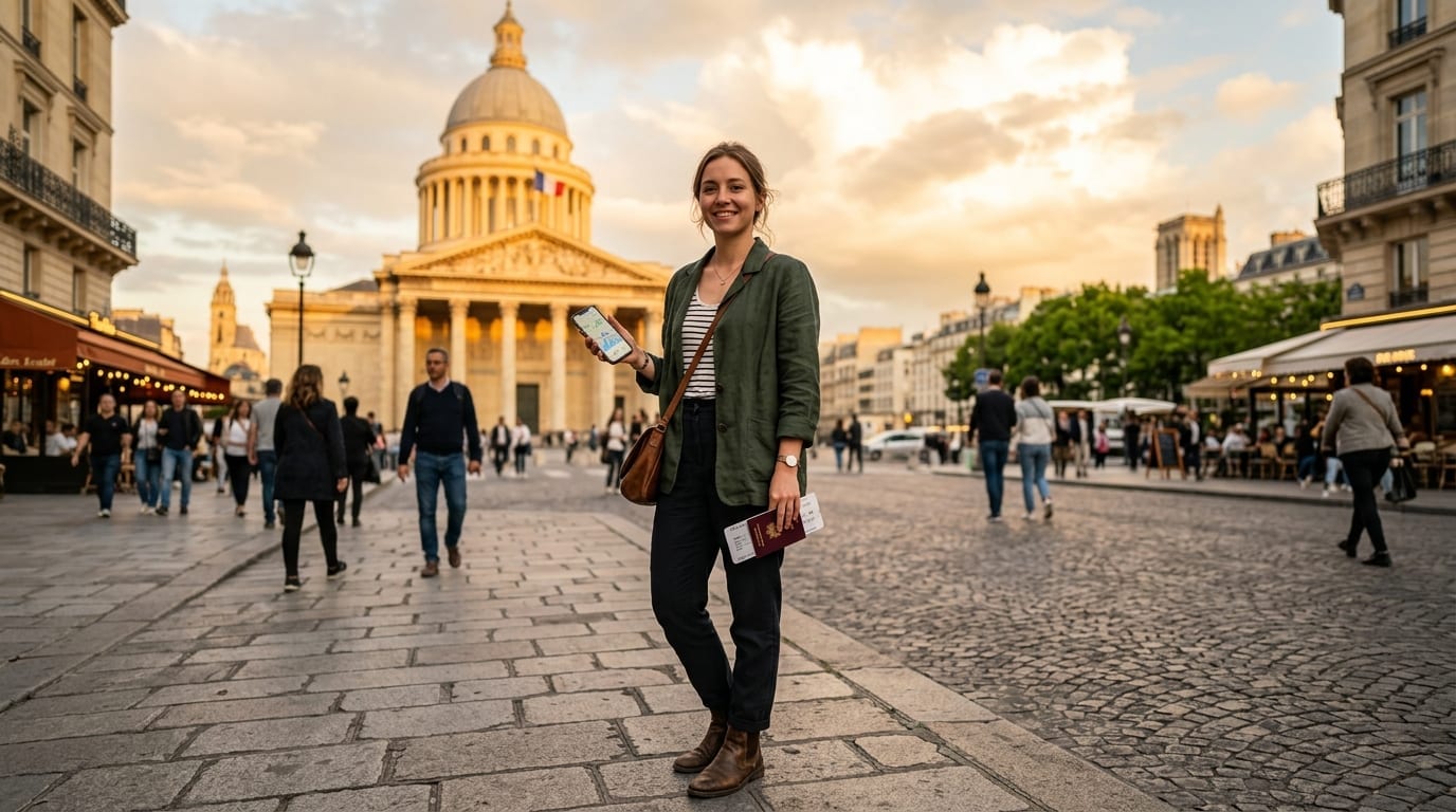 Viajante prevenido consultando passaporte e apólice de seguro viagem em praça europeia