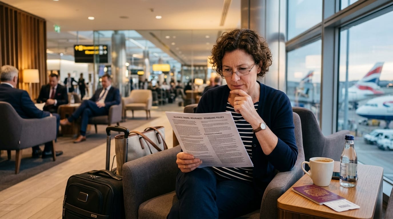 Viajante analisando as letras miúdas de um contrato de seguro no aeroporto