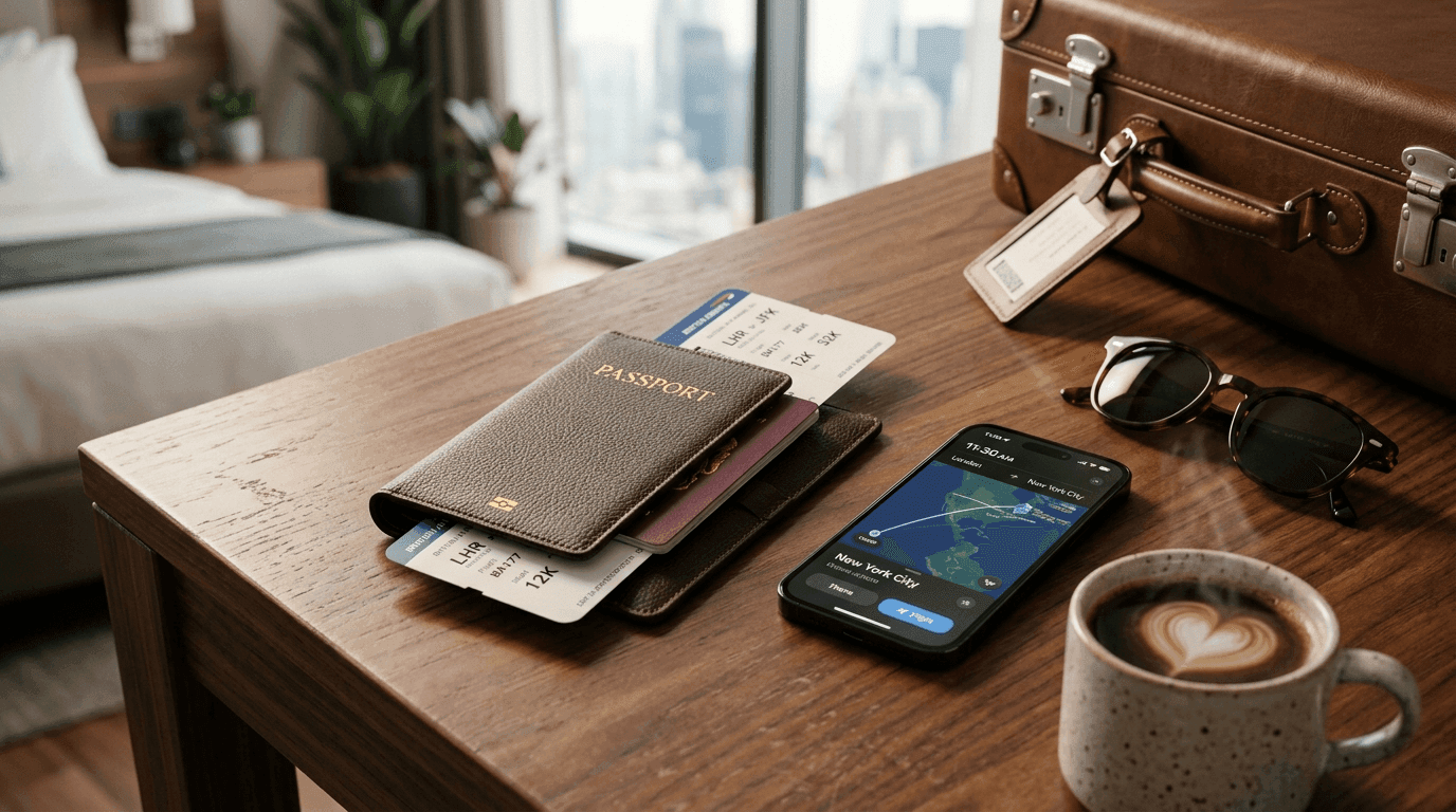 Pessoa planejando viagem internacional analisando opções de seguro viagem e coberturas médicas pelo notebook com passaporte na mesa