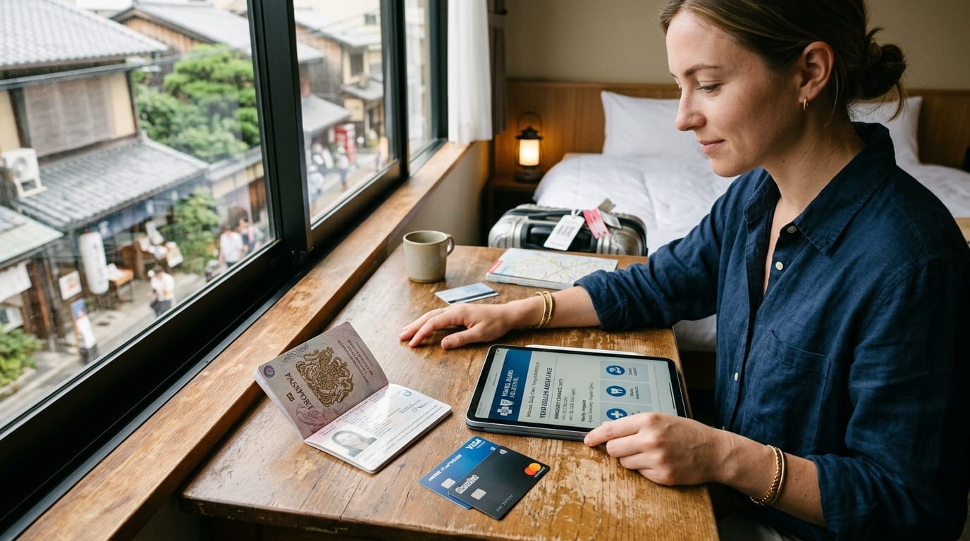 Documentos de viagem, passaporte e comprovante de seguro sobre a mesa do hotel