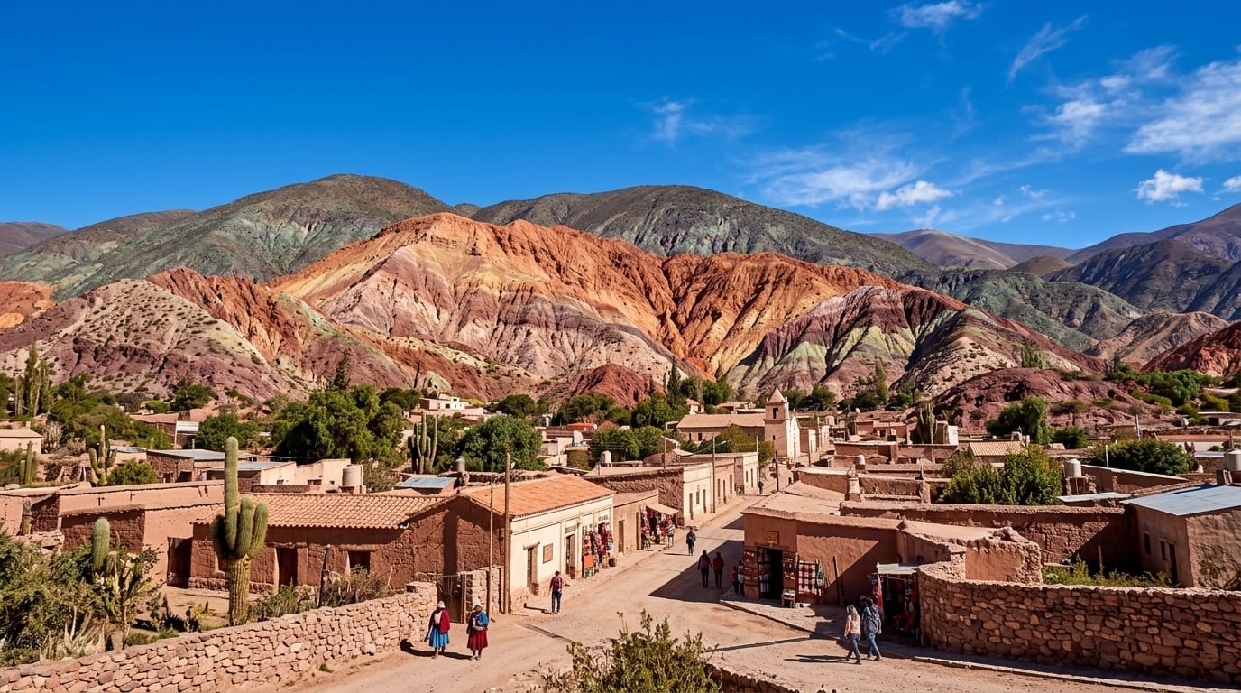 Povoado andino de Purmamarca com a montanha do Cerro de los Siete Colores em Jujuy