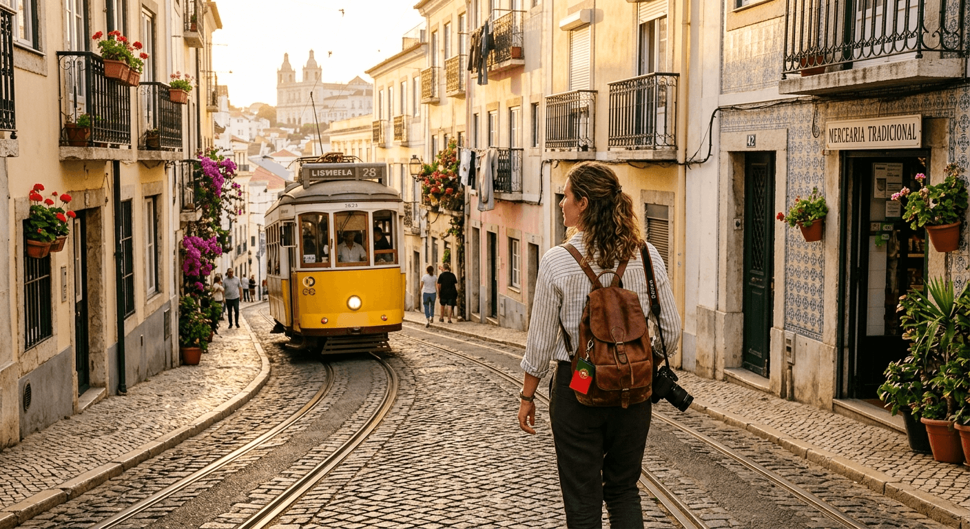 Viajante caminhando pelas ladeiras históricas de Lisboa