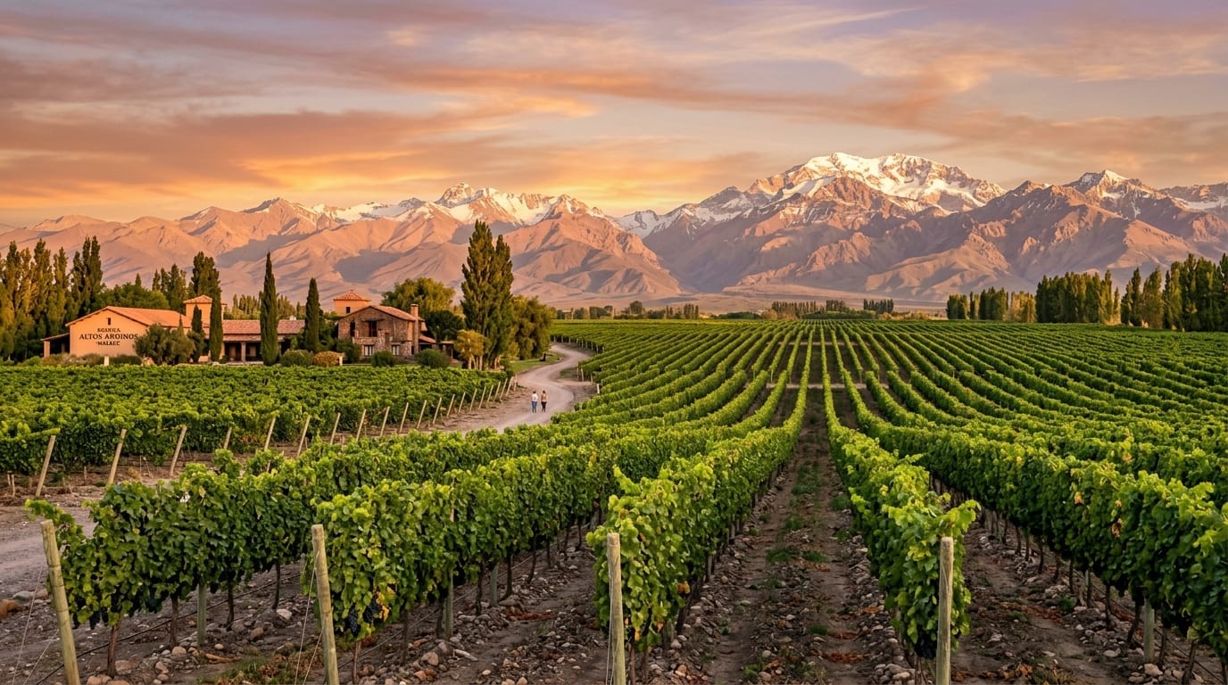 Vinhedos de Malbec em Mendoza com a imponente Cordilheira dos Andes nevada ao pôr do sol