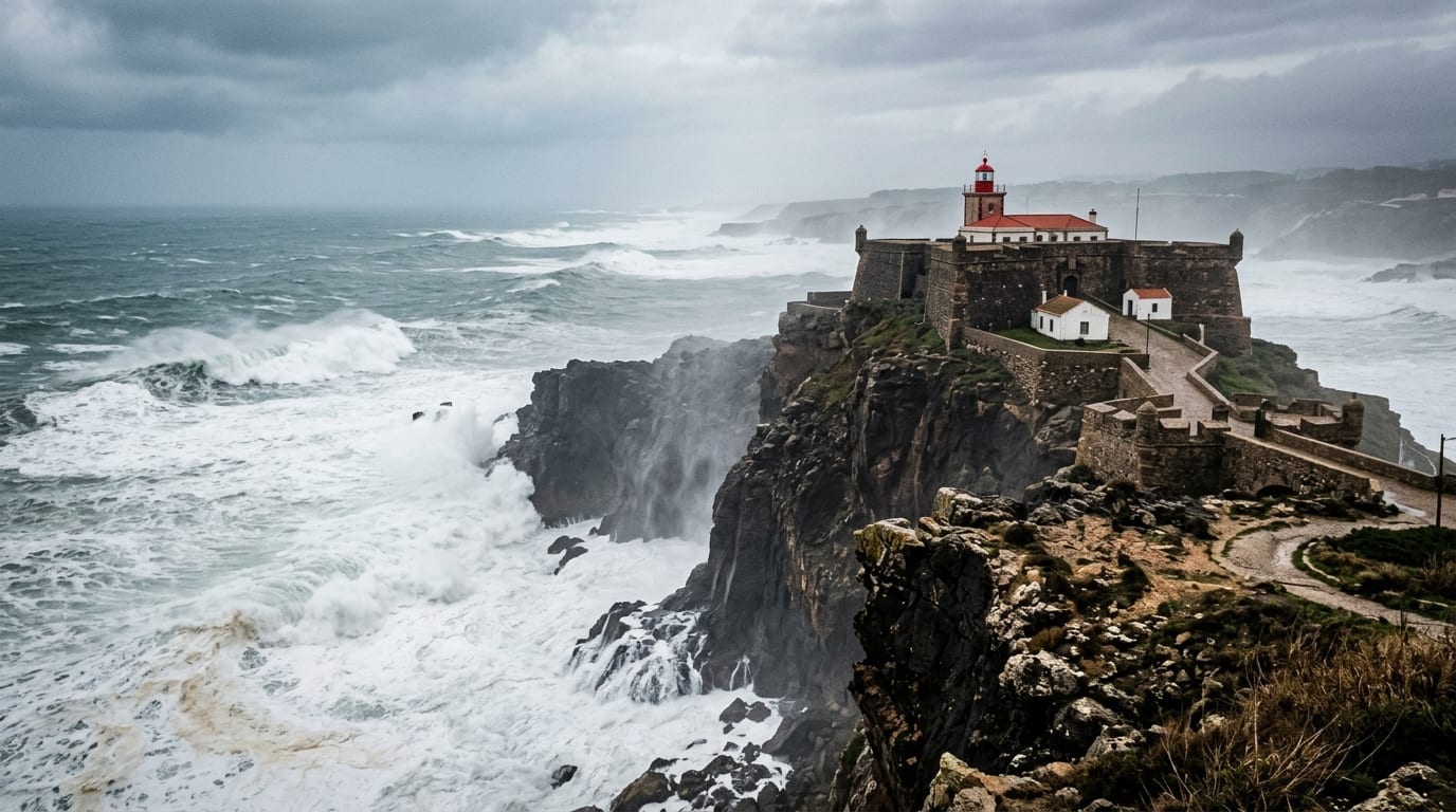Farol de São Miguel Arcanjo em Nazaré no alto do promontório com ondas atlânticas batendo nas rochas