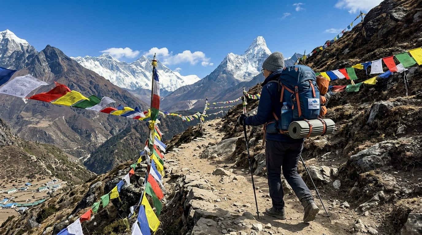 Viajante com bastões de caminhada fazendo trekking no Himalaia nepalês cercado por montanhas nevadas