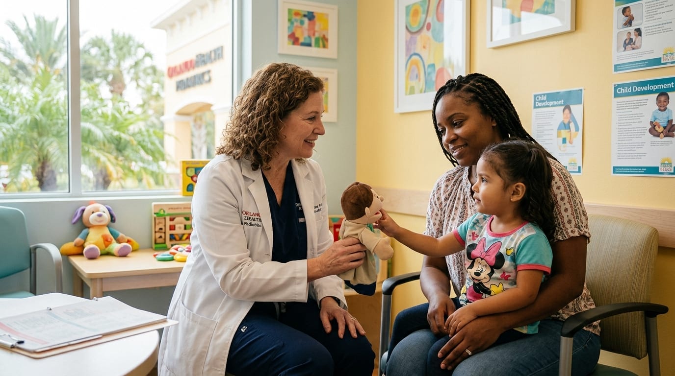 Pediatra americano atendendo mãe e filho em clínica de urgência pediátrica em Orlando Flórida