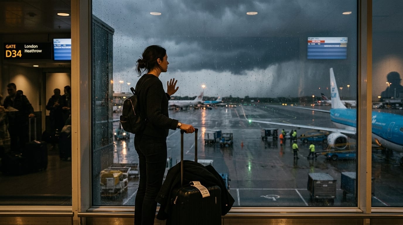 Passageiro com mala olhando pela janela do aeroporto com chuva forte na pista