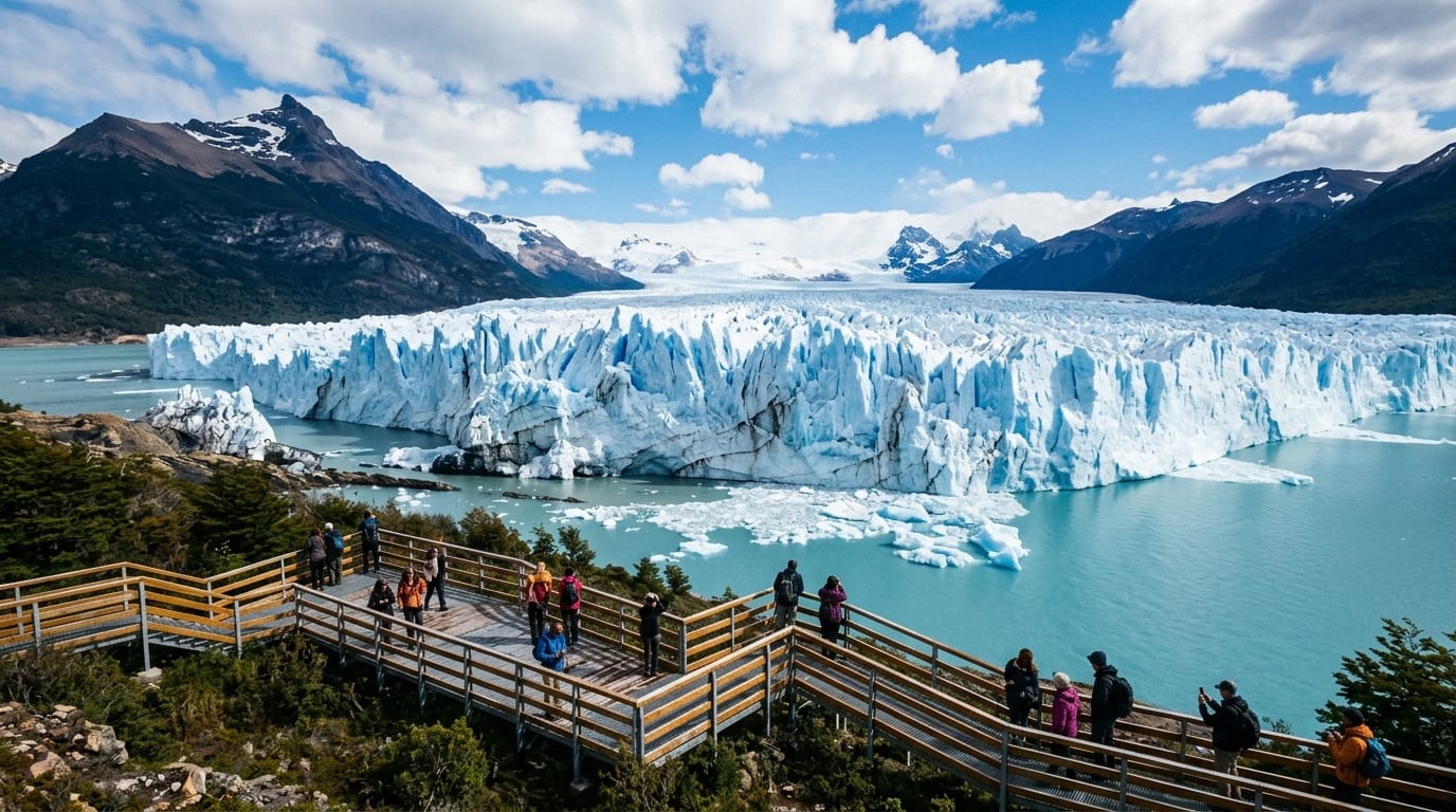 Muralha colossal de gelo azul do Glaciar Perito Moreno com passarelas de observação no primeiro plano