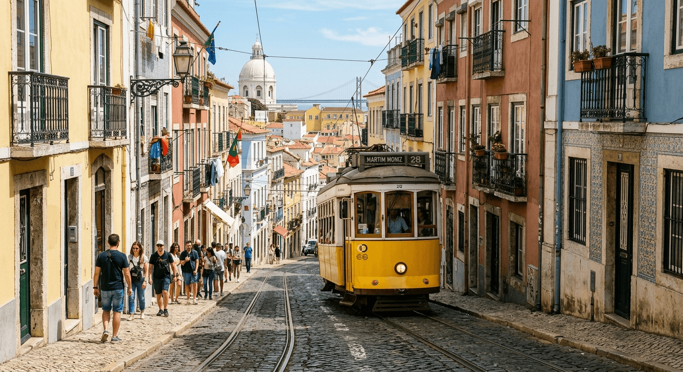 Turistas caminhando pelas ruas de Lisboa ou apreciando a vista do Rio Douro no Porto, Portugal