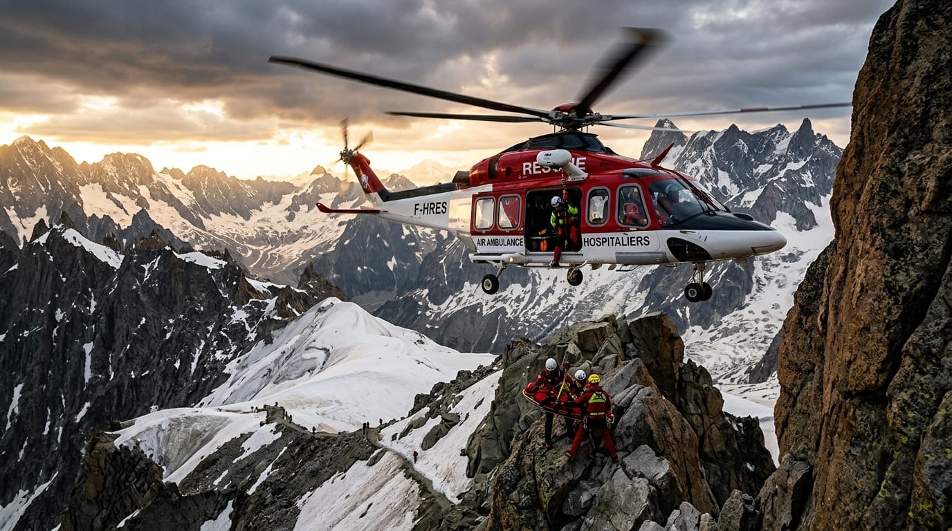 Helicóptero de resgate médico pousando em área de montanha nevada para socorro de esquiador acidentado