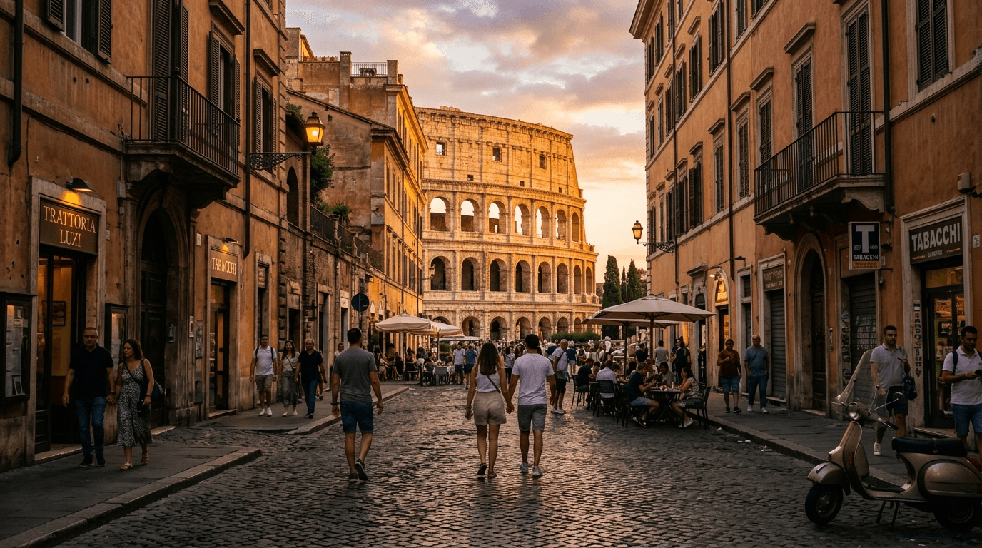 Caminho de pedras histórico em Roma com vista para o Coliseu ao entardecer sob luz dourada