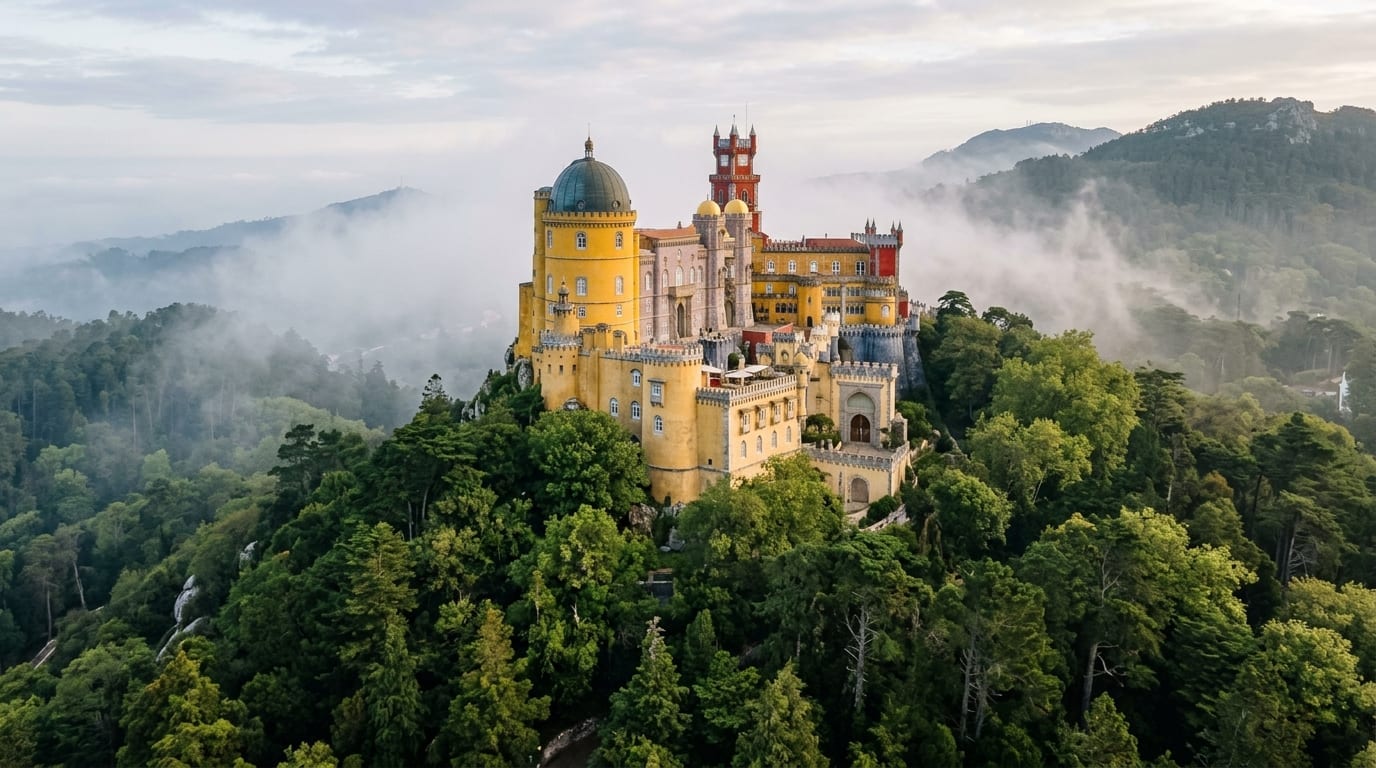 Palácio Nacional da Pena com suas torres amarelas e vermelhas cercado pela floresta verdejante de Sintra