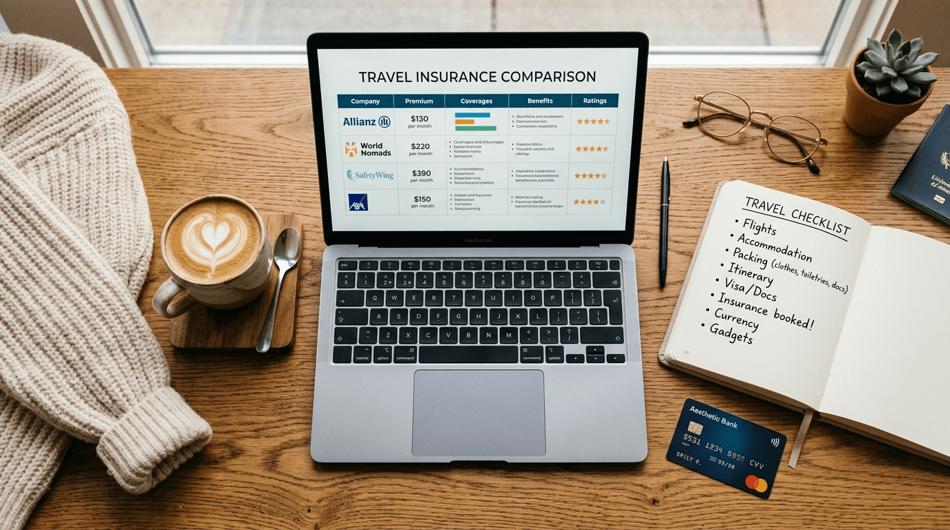 Malas prontas de viagem, notebook aberto mostrando comparador com passaporte e câmeras fotográficas na mesa simulando planejamento inteligente de seguro saúde