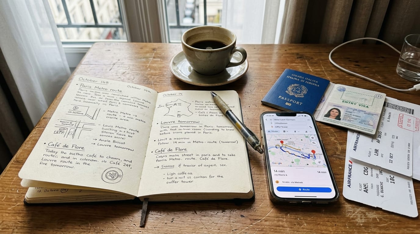 Passaporte, celular e caderneta de viagem sobre mesa de hotel organizada