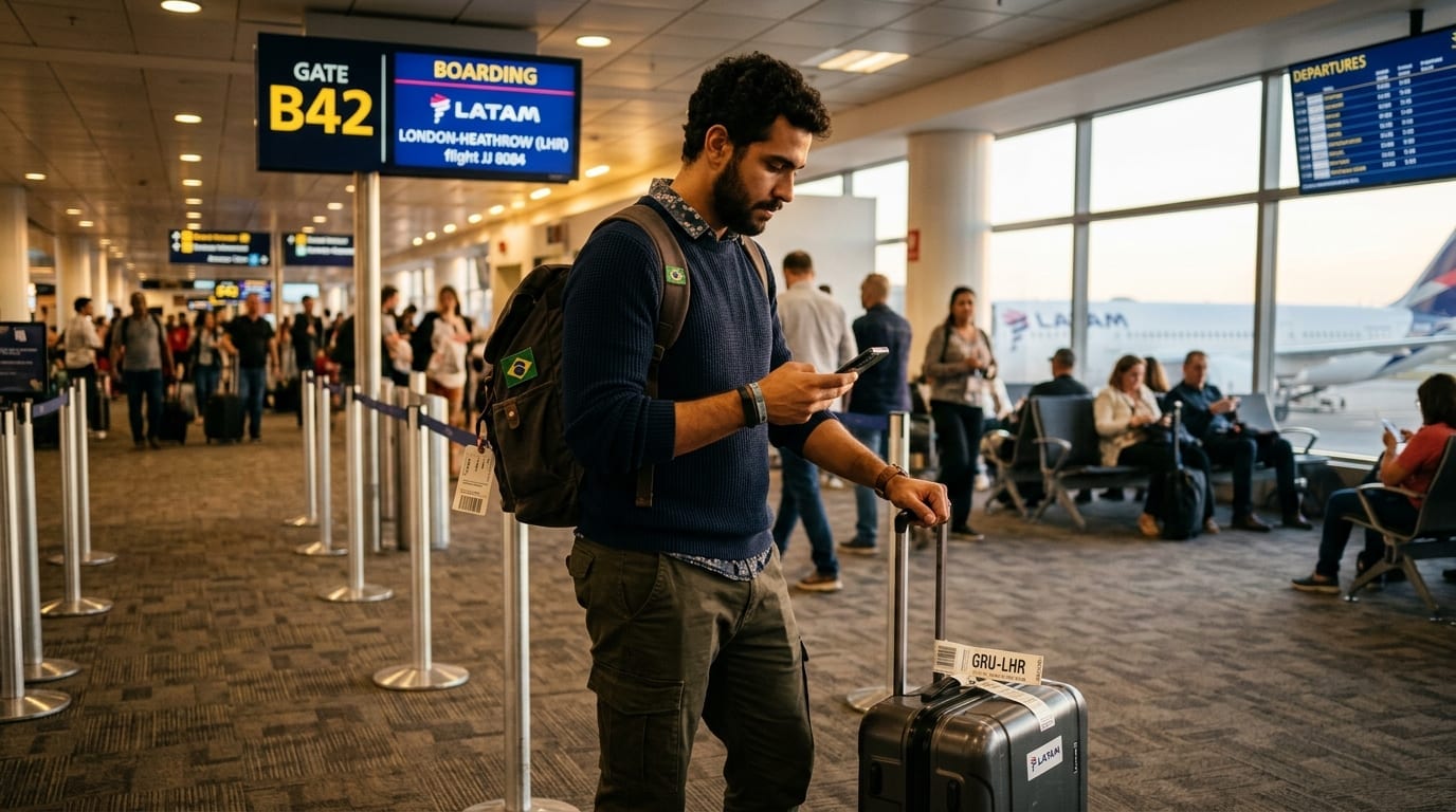 Viajante no terminal do aeroporto olhando o celular com preocupação ao perceber que esqueceu o seguro