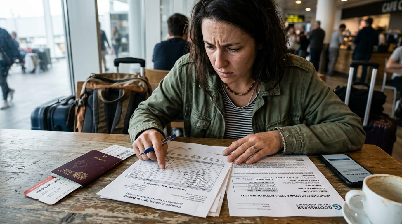 Viajante analisando documentos de seguro de saúde e fatura hospitalar detalhada sobre a mesa