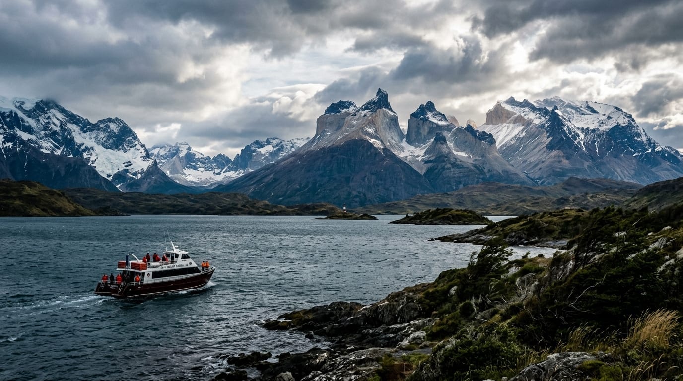 Pequena embarcação navegando pelas águas profundas do Canal Beagle em Ushuaia na Terra do Fogo